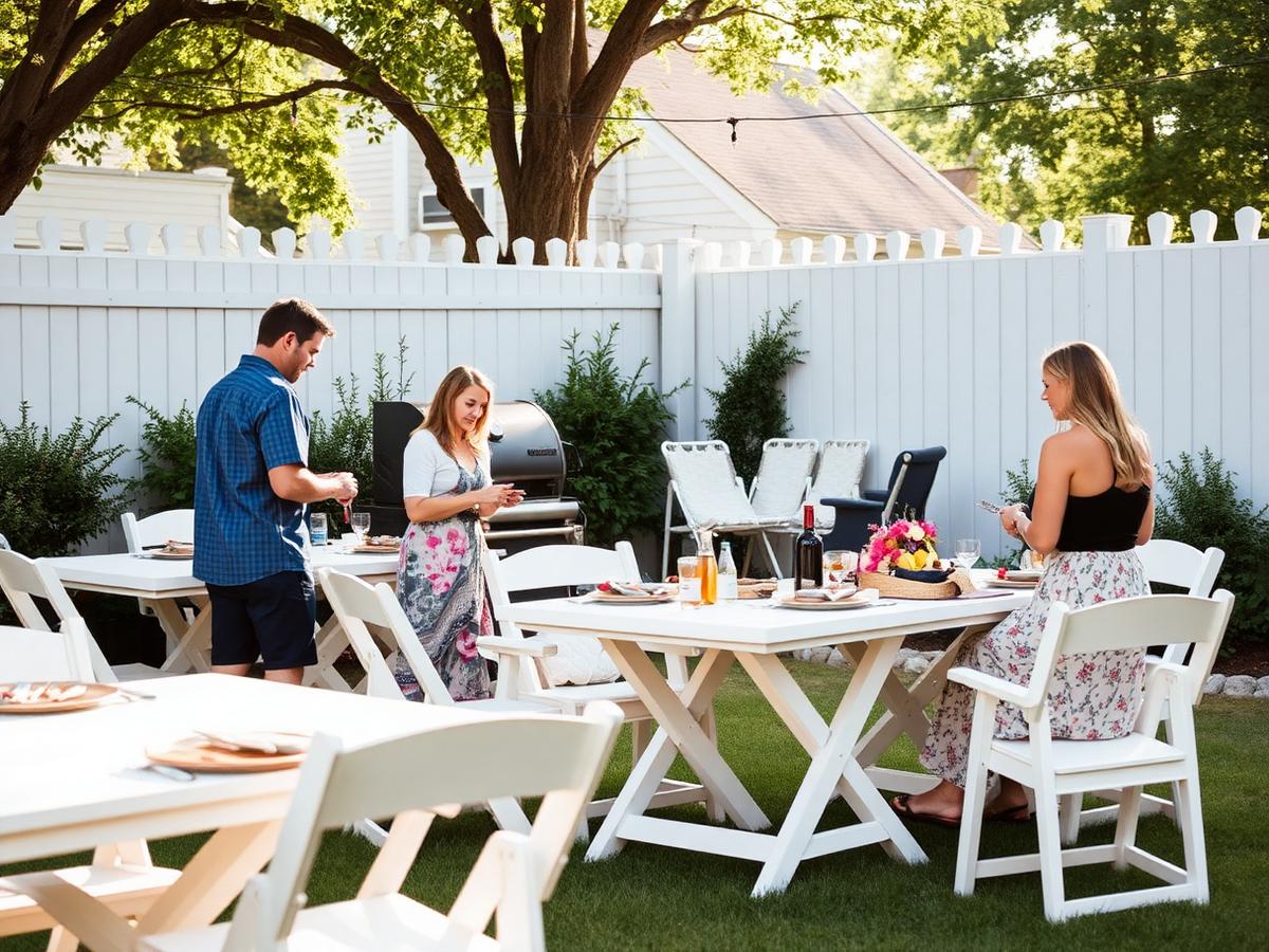 Backyard BBQ family gathering with white folding tables and chairs