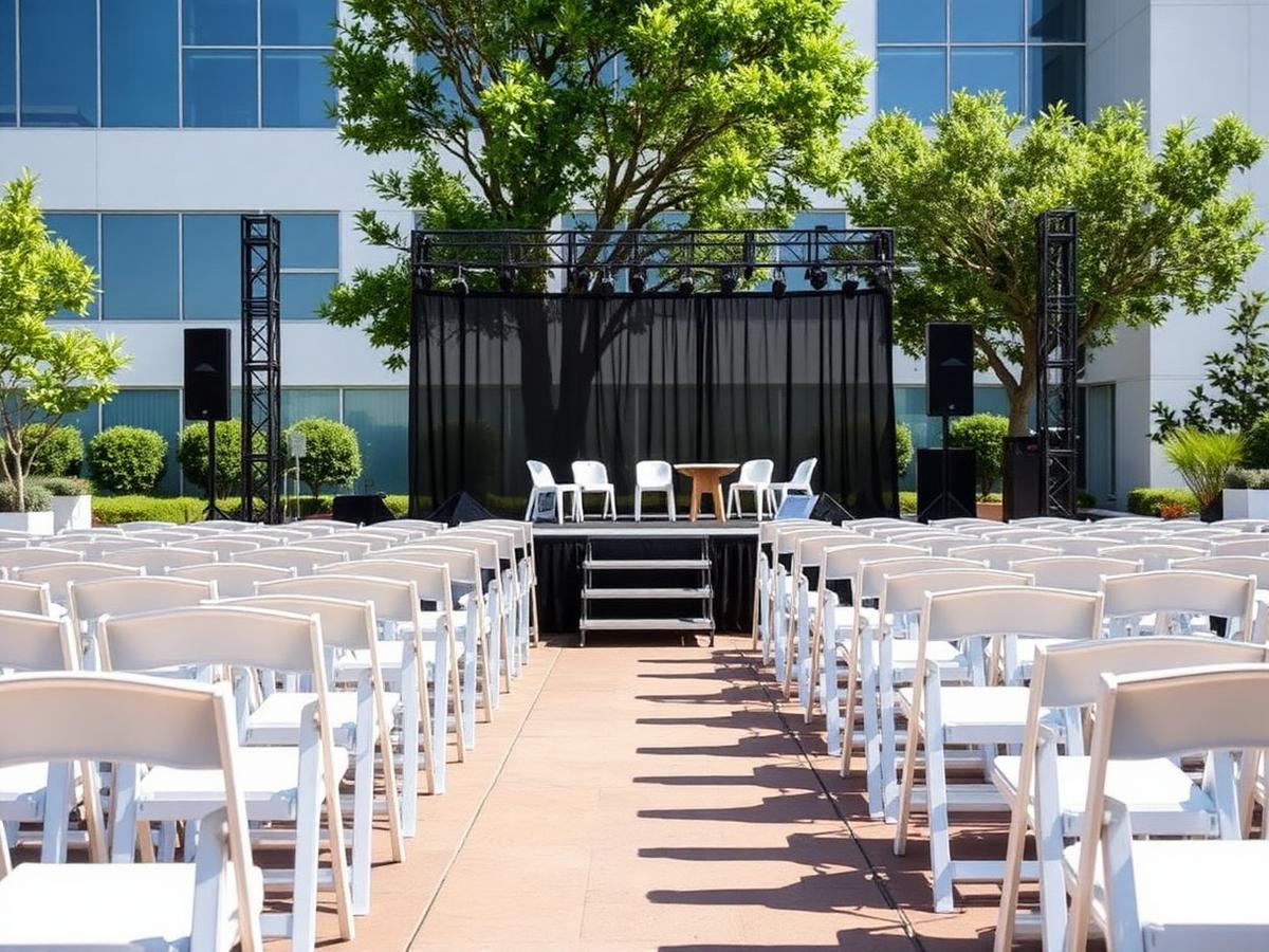 Community outdoor gathering with rows of white folding chairs