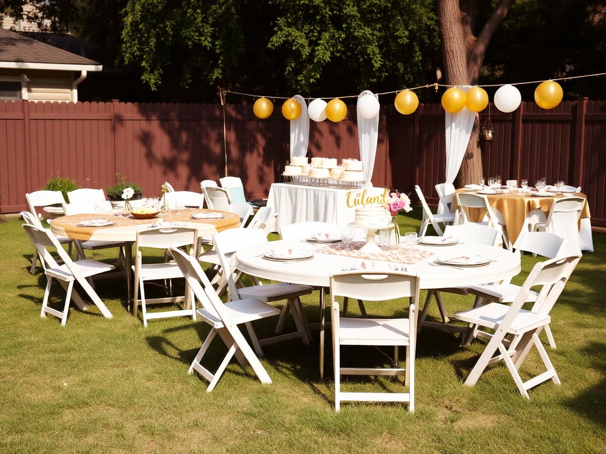 Graduation party setup with white folding chairs and round tables
