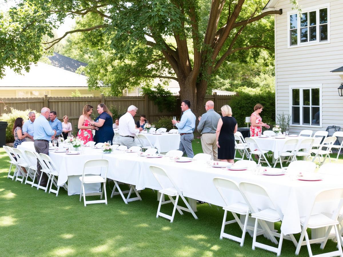 Backyard family reunion with long tables and white folding chairs