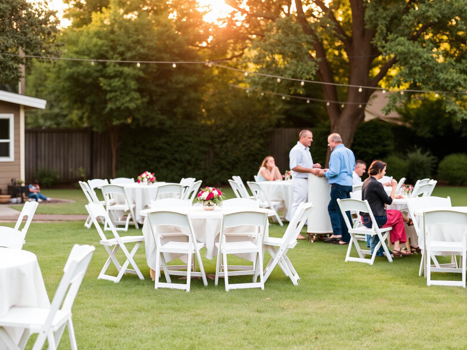 Backyard family gathering at golden hour with white folding tables and chairs